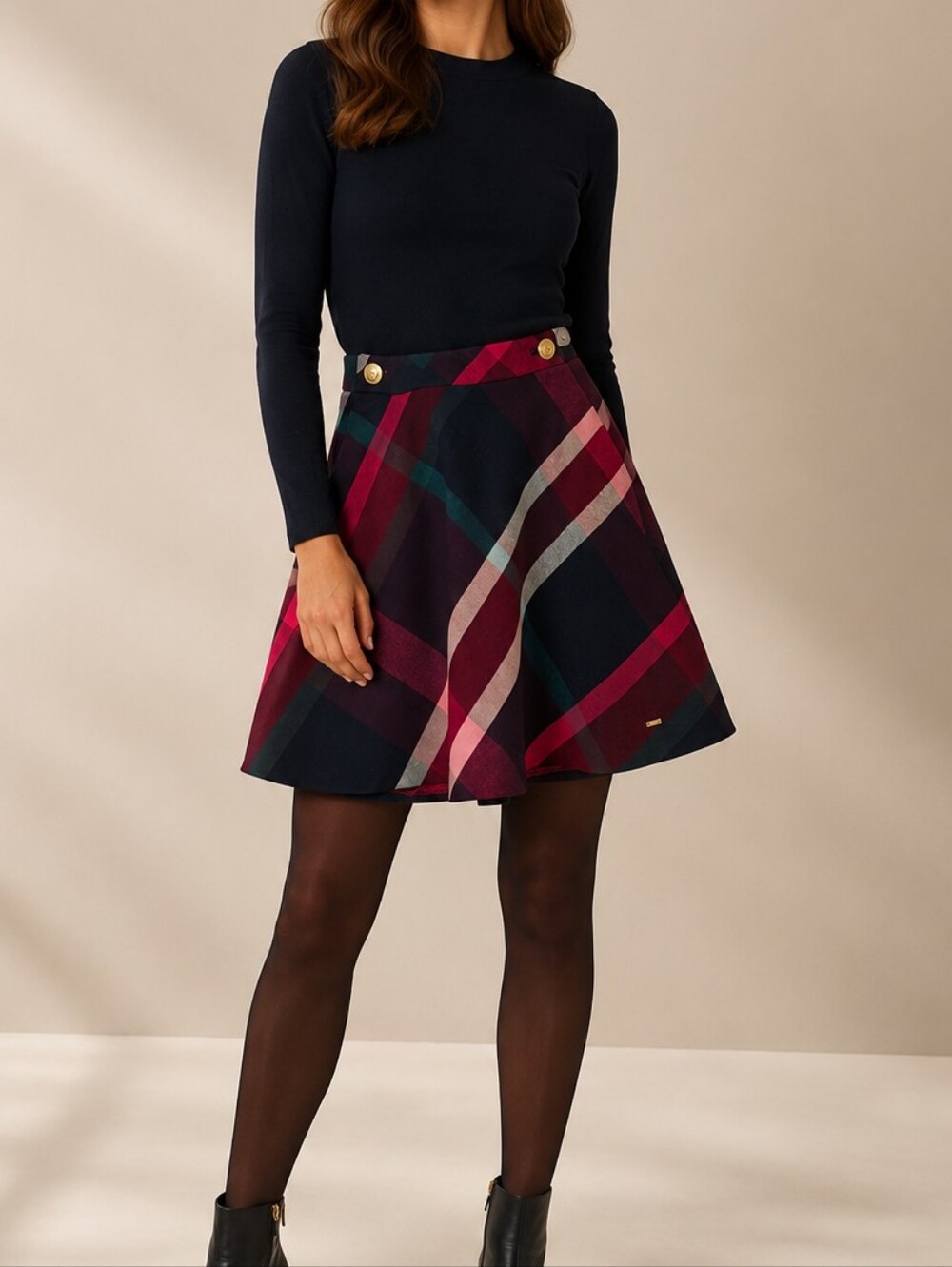 Tommy Hilfiger Navy and Berry Plaid Circle Skirt